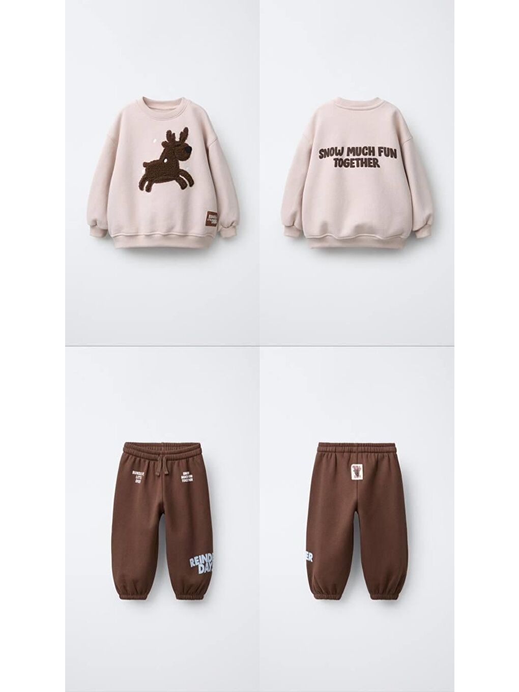 Karışık Unisex Çocuk Pamuklu Bej Geyik Aplikeli Sweatshirt & Kahverengi Eşofman Takım – Yılbaşı Özel-4