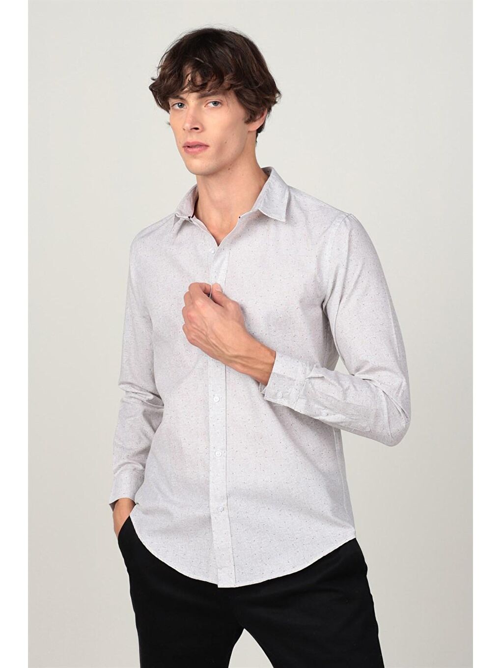 Bej Slım Fit Uzun Kol Baskılı Desenli Erkek Gömlek-1