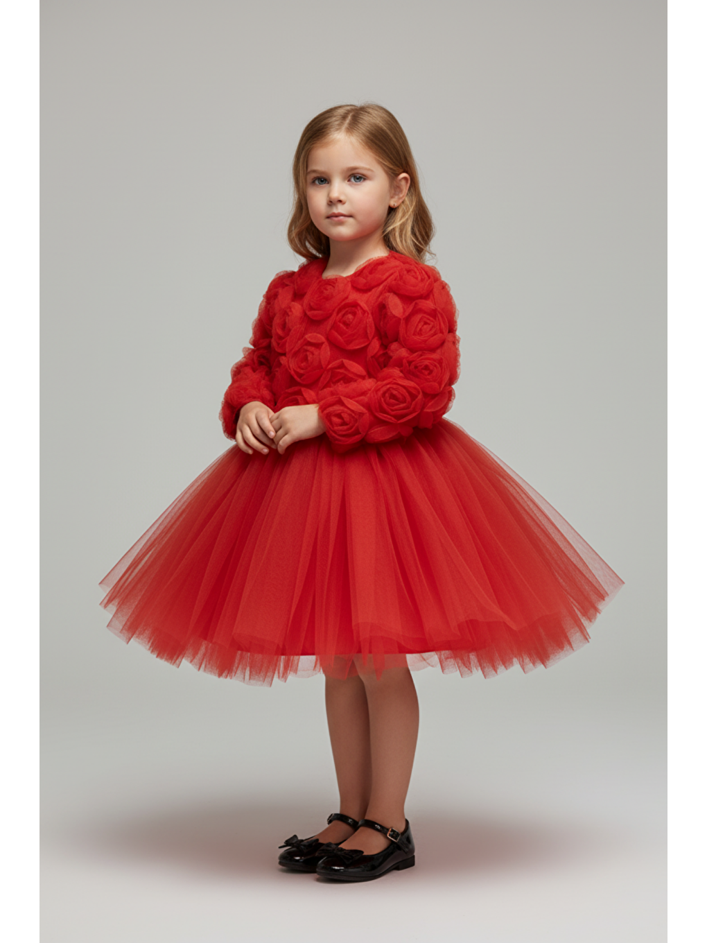 Kız Çocuk Kırmızı 3D Gül Aplikeli Tül Abiye Elbise – Özel & Yılbaşı