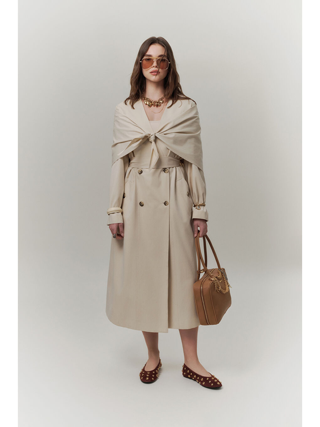 Ekru Şal Detaylı Tasarım Trençkot Krem-1