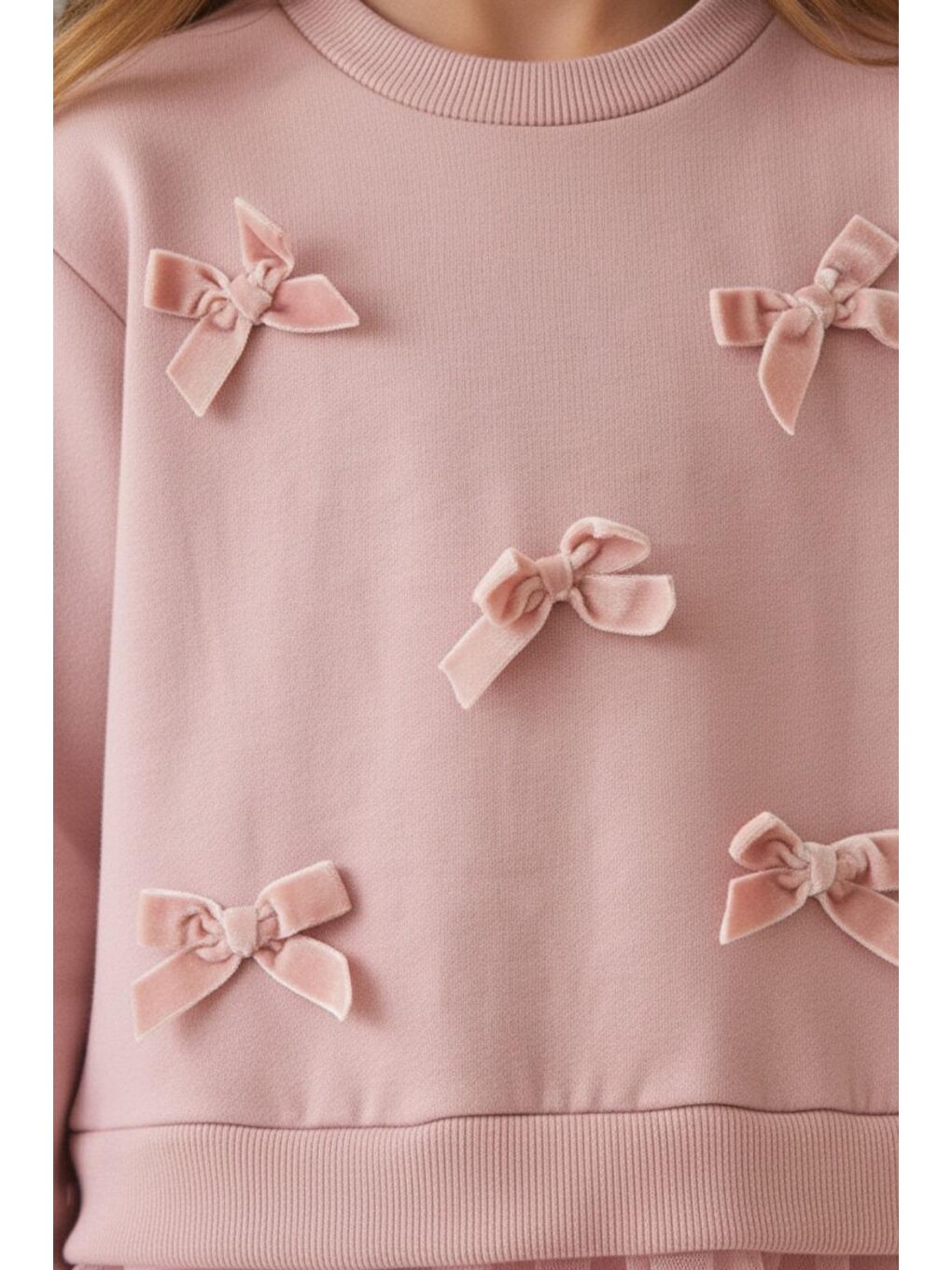 Kız Çocuk Pamuklu Pembe Fiyonklu Sweatshirt Tül Etek Takım – Zarif Günlük Kombin-3