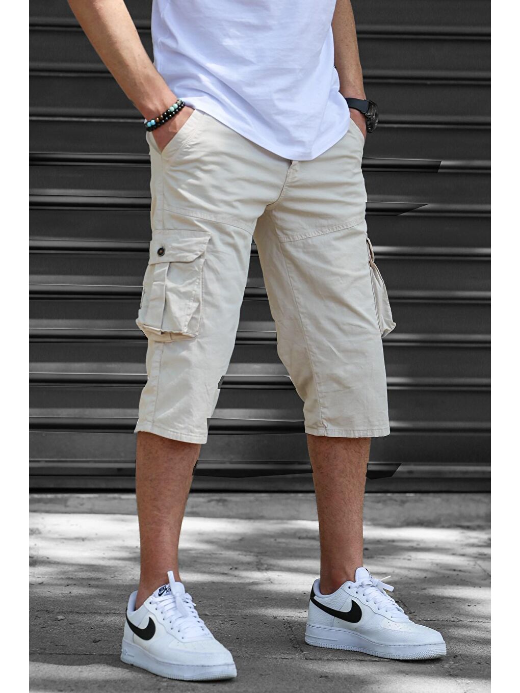 Bej Gabardin Kargo Cep Erkek Kapri Şort 5754-1