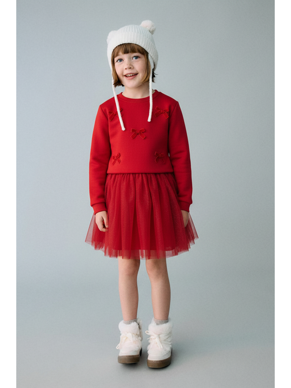 Kız Çocuk Pamuklu Kırmızı Fiyonklu Sweatshirt Tül Etek Takım – Yılbaşı Ve Özel Kombini
