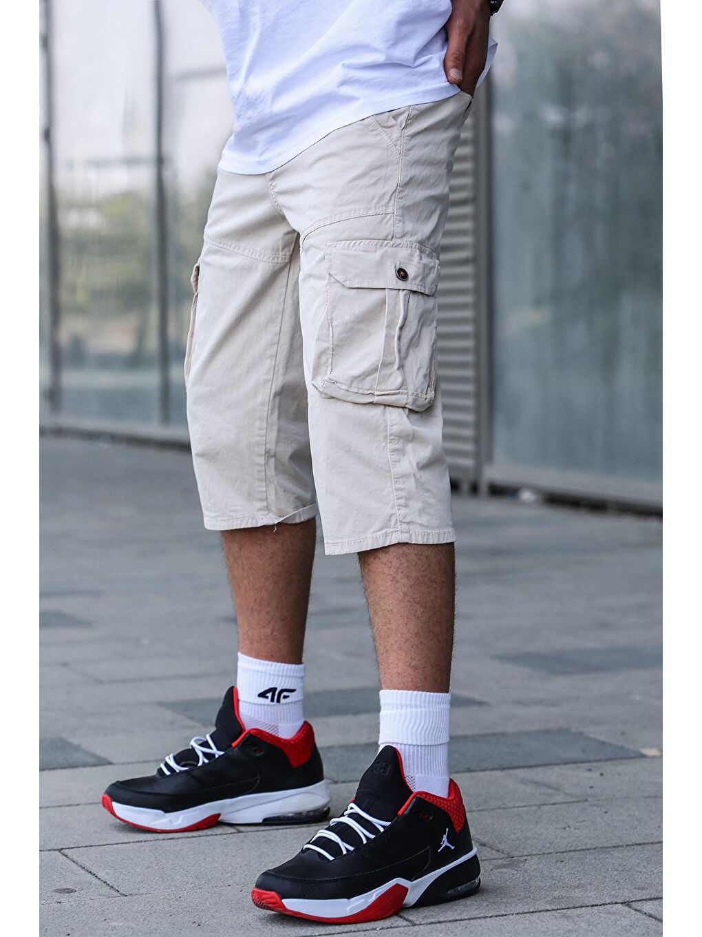 Bej Gabardin Kargo Cep Erkek Kapri Şort 5754-2