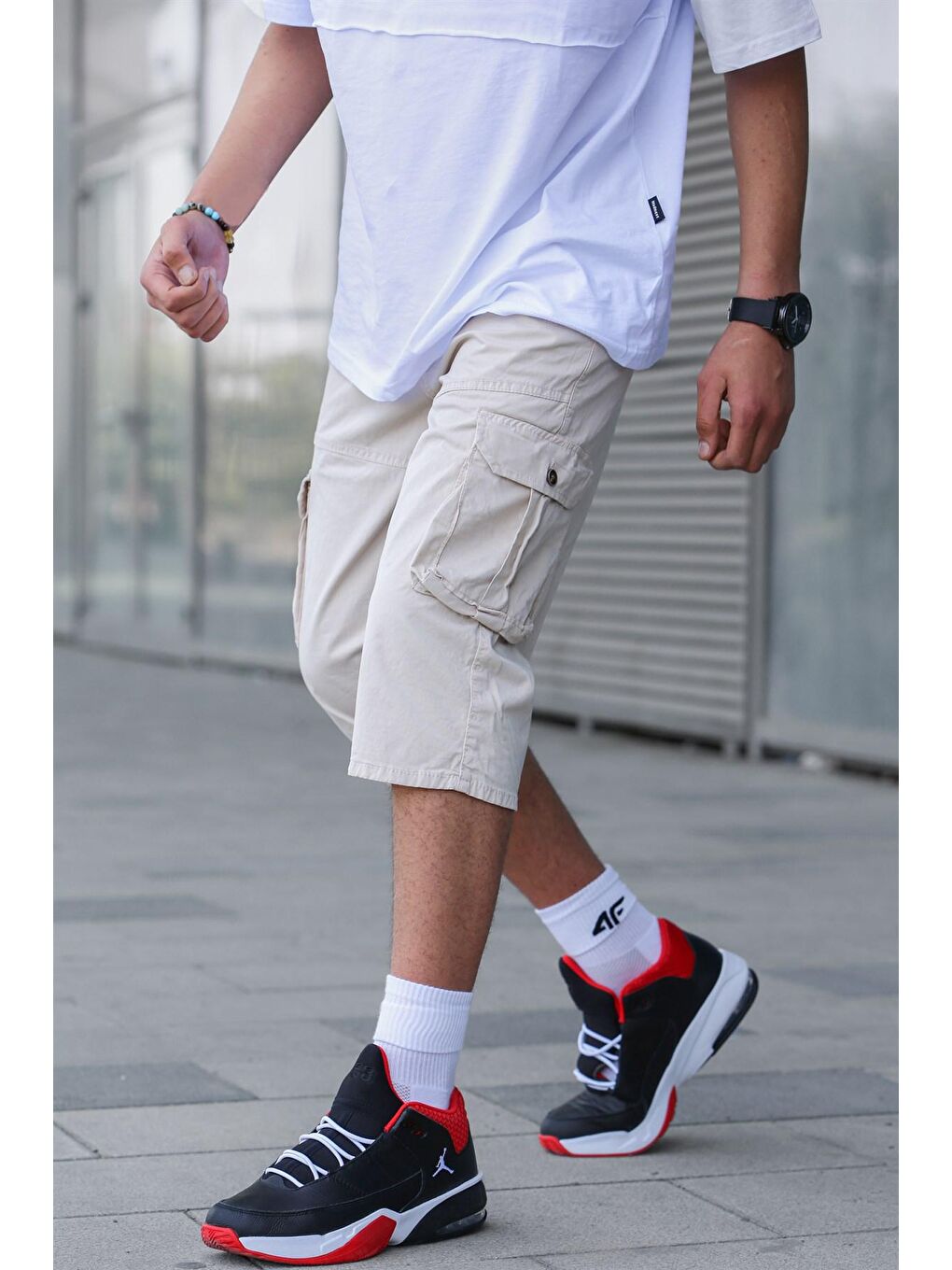 Bej Gabardin Kargo Cep Erkek Kapri Şort 5754-3