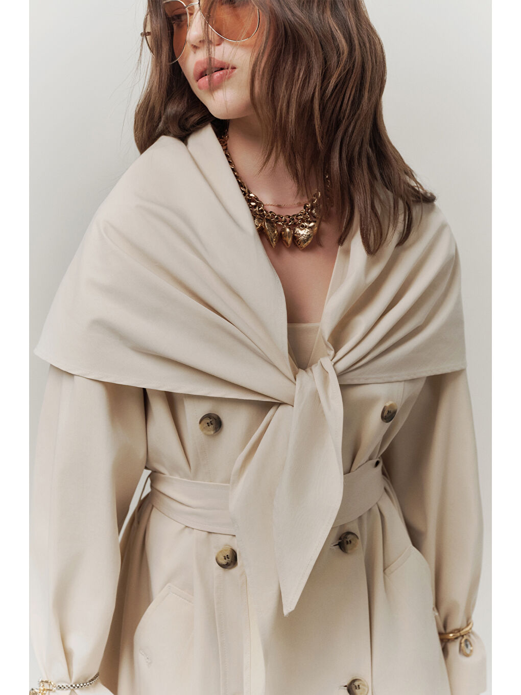 Ekru Şal Detaylı Tasarım Trençkot Krem-3