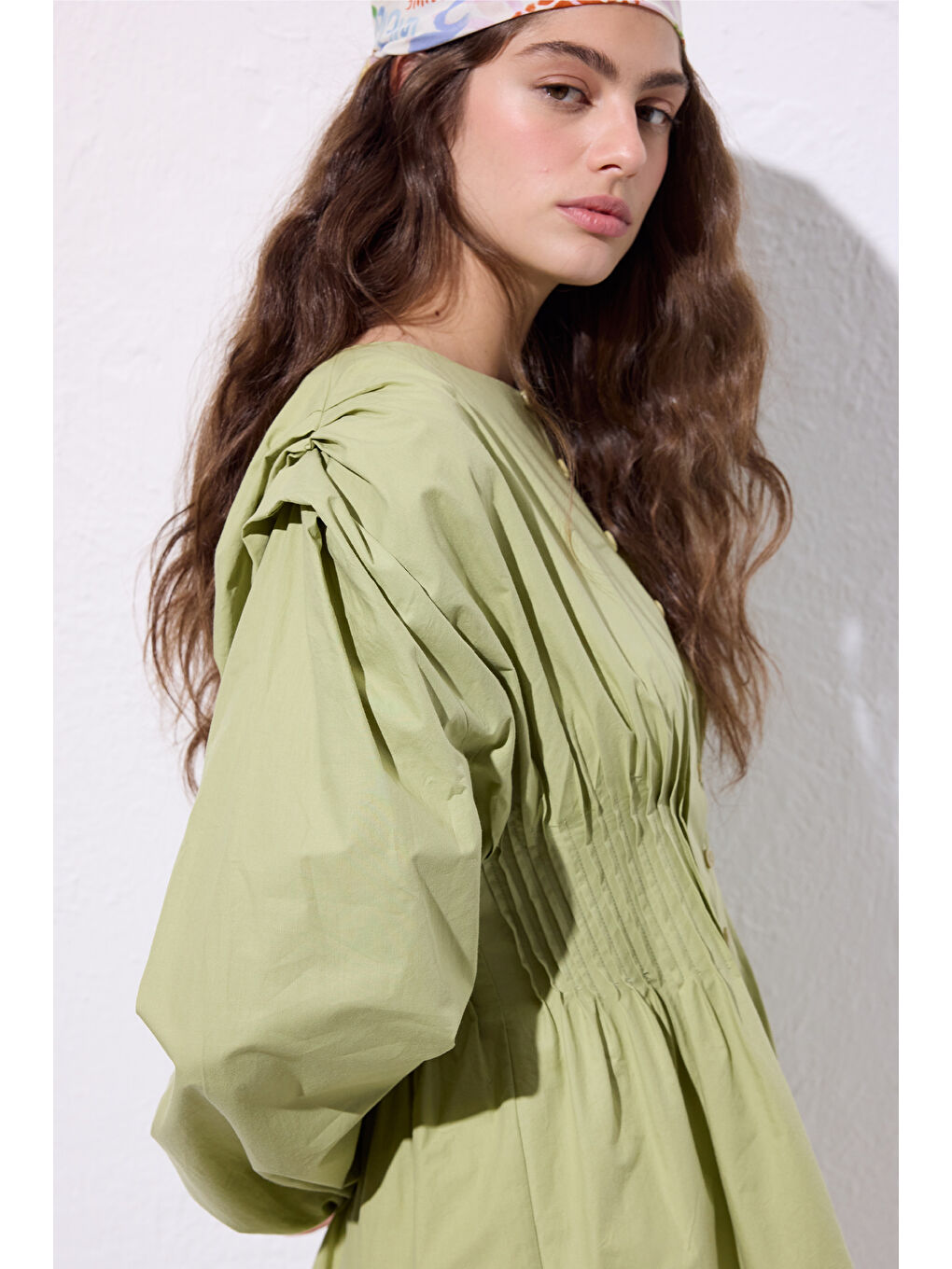 Beli Pile Detaylı Uzun Kol Bluz Yeşil-2