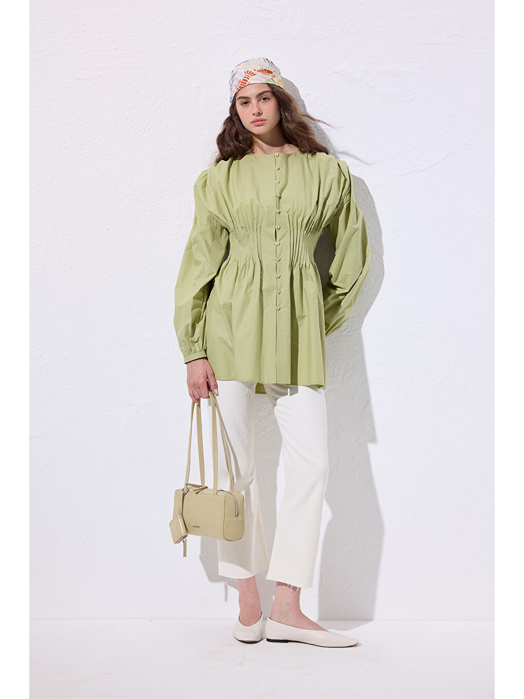 Beli Pile Detaylı Uzun Kol Bluz Yeşil-3