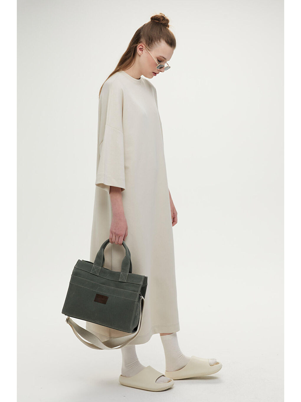 Yıkama Efektli Medium Kanvas Çanta Haki-2