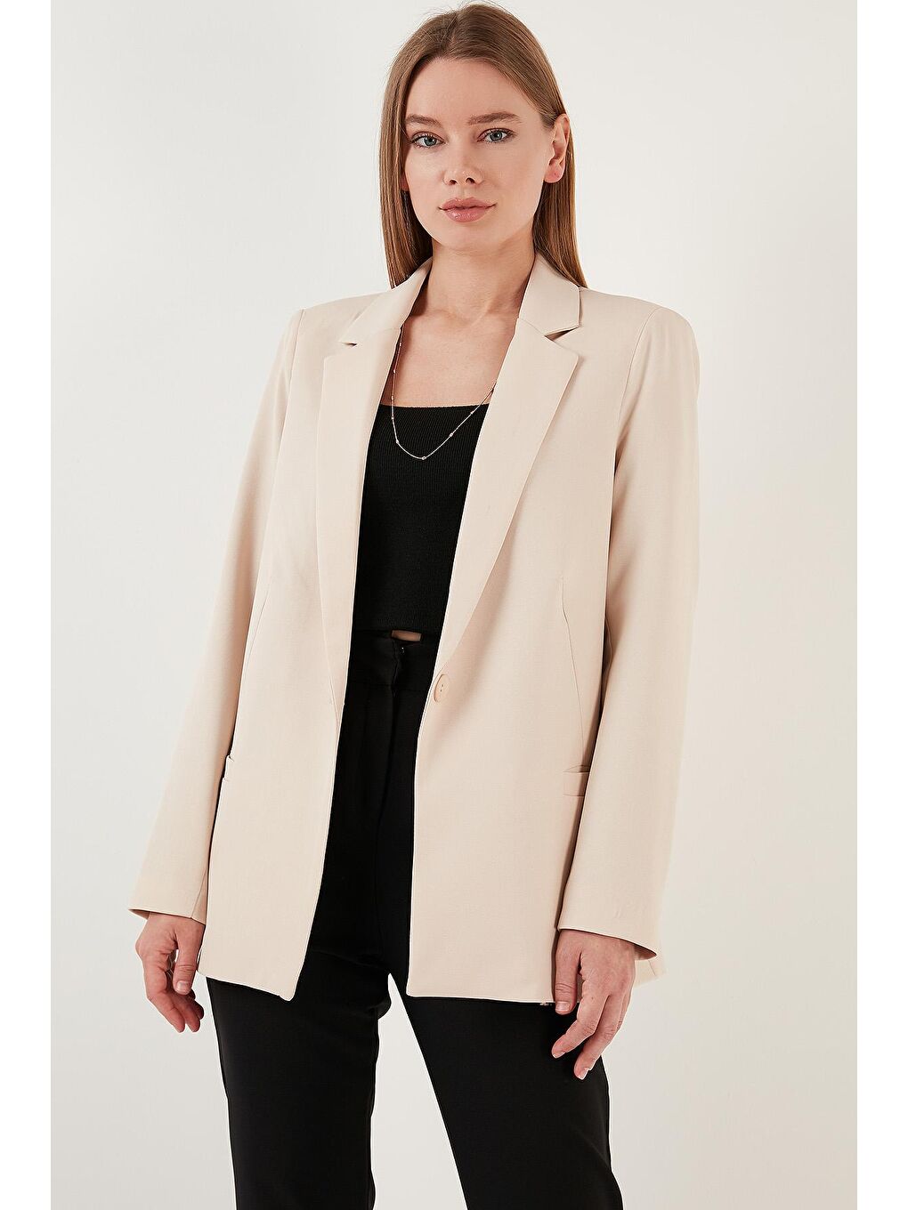 Bej Mono Yaka Rahat Kesim Astarı Leopar Desenli Klasik Ceket 6524002-1