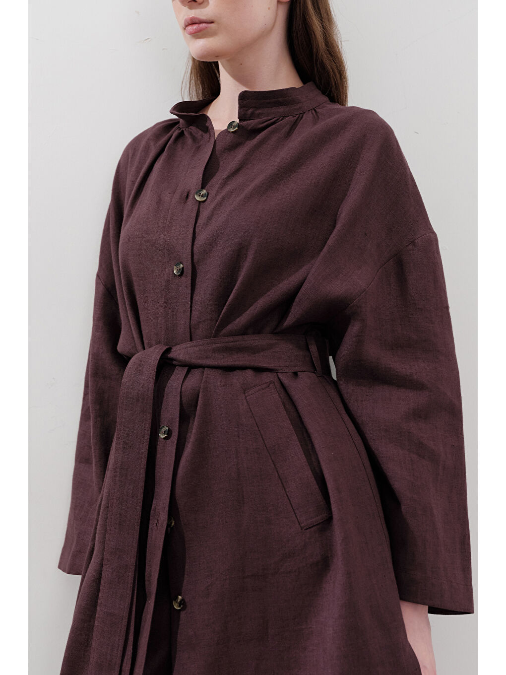 Keten Kemerli Uzun Tunik Mürdüm-1