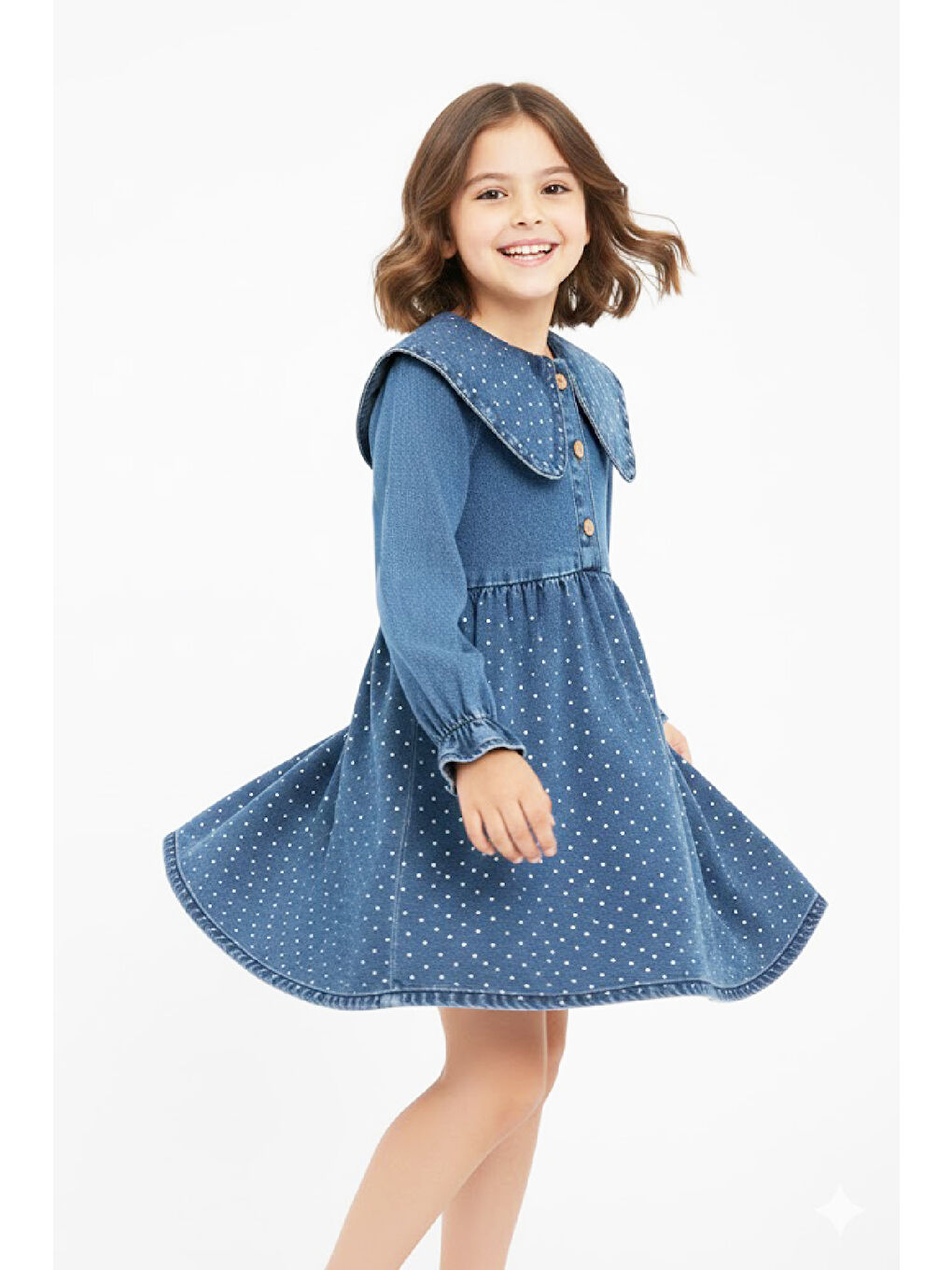 İndigo Kız Çocuk Taş Süslemeli ve 3 Düğme Kapatmalı Jean Elbise 12444