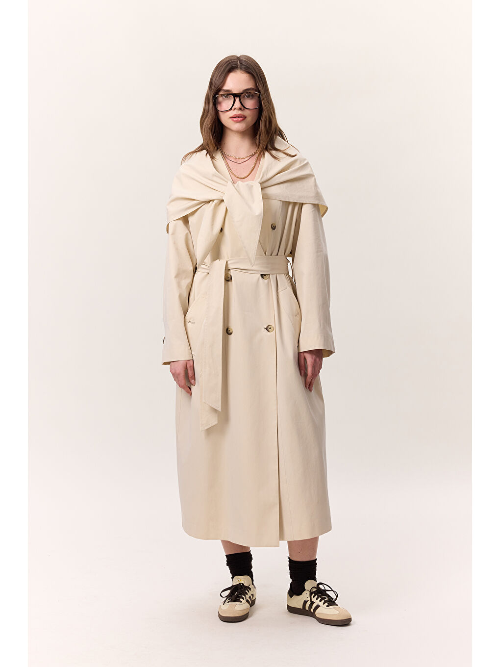 Ekru Şal Detaylı Tasarım Trençkot Krem-5