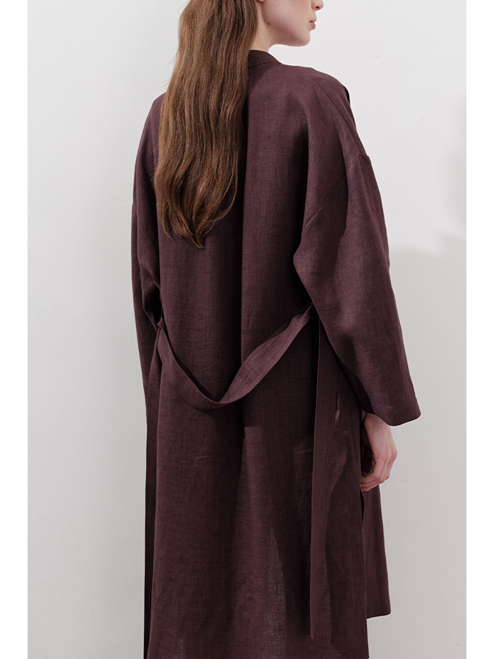 Keten Kemerli Uzun Tunik Mürdüm-3