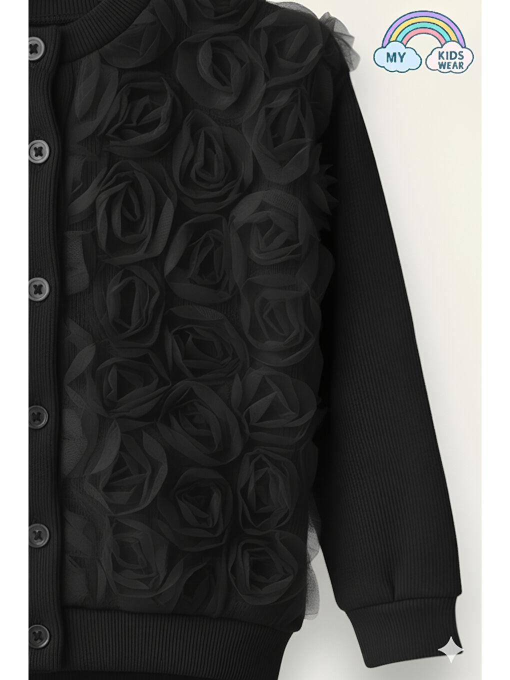 Siyah Kız Çocuk Tül Gül Aplikeli Triko Hırka İkili Takım 3-10 Yaş 12301-1