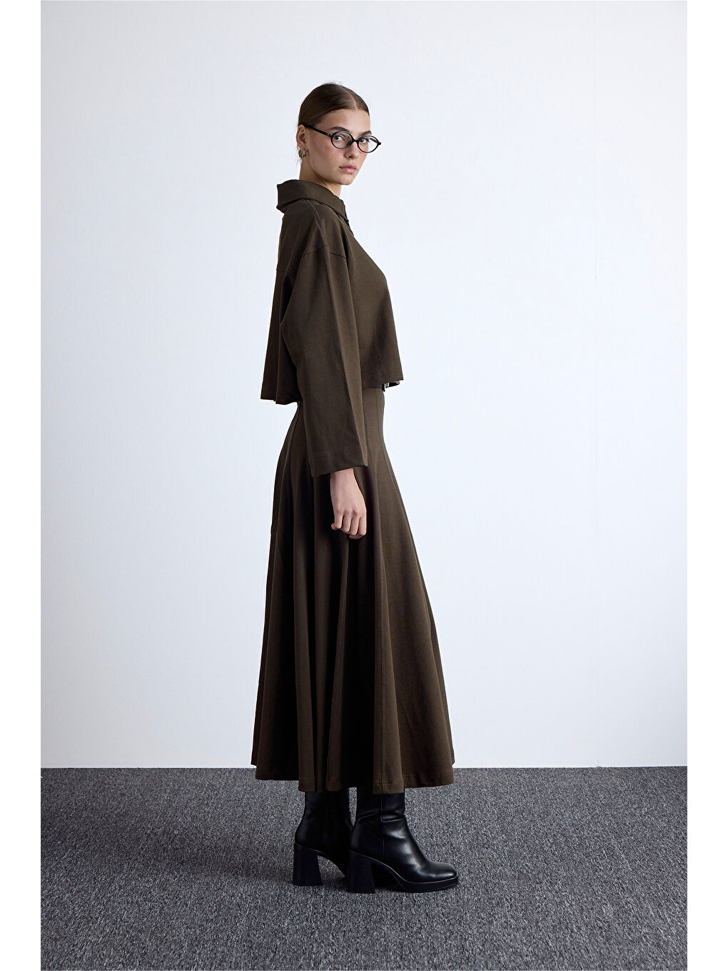 Premıum Örme Volanlı Etek Haki-2