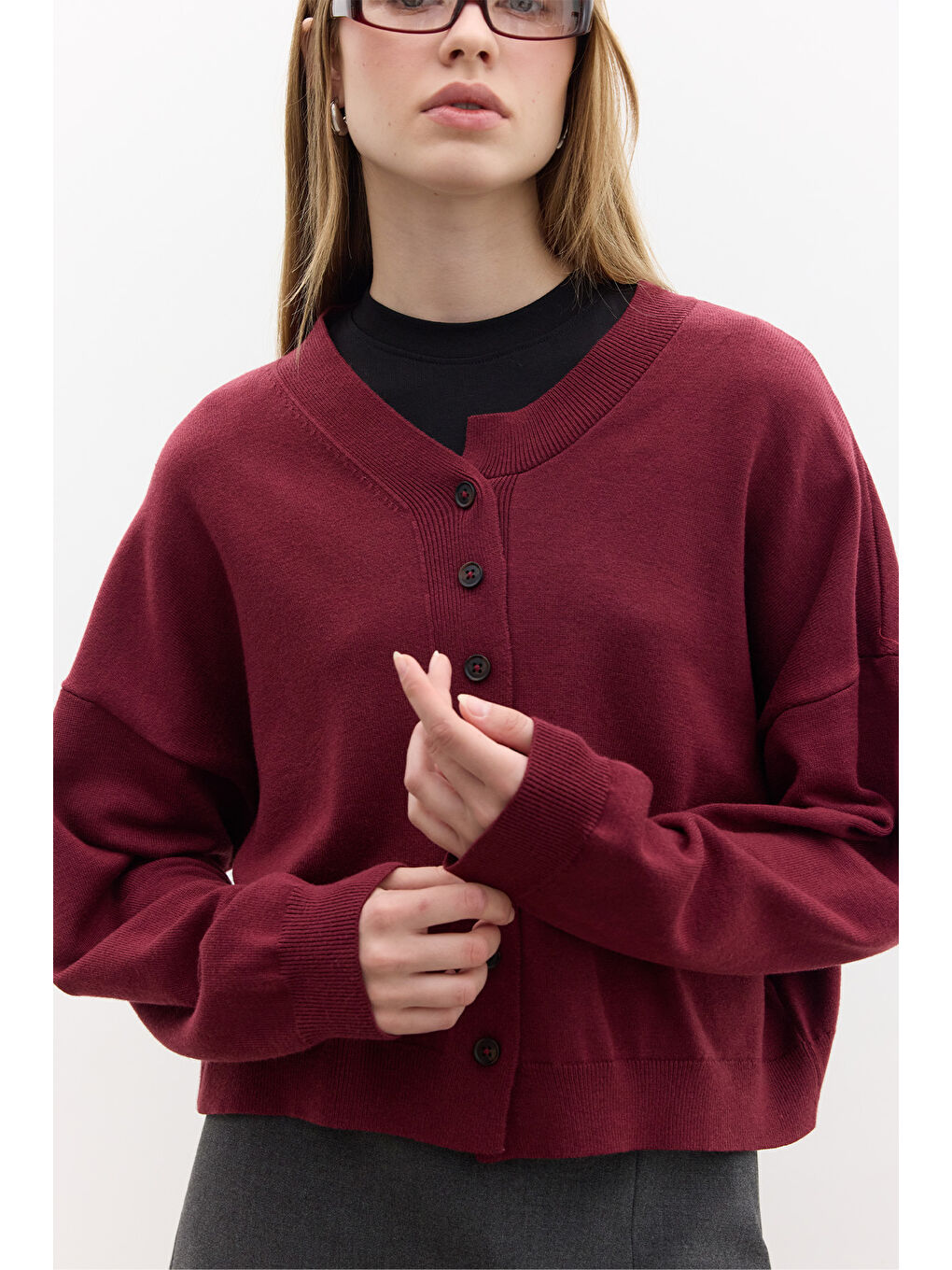 Yumuşak Dokulu Oversize Triko Hırka Bordo-3