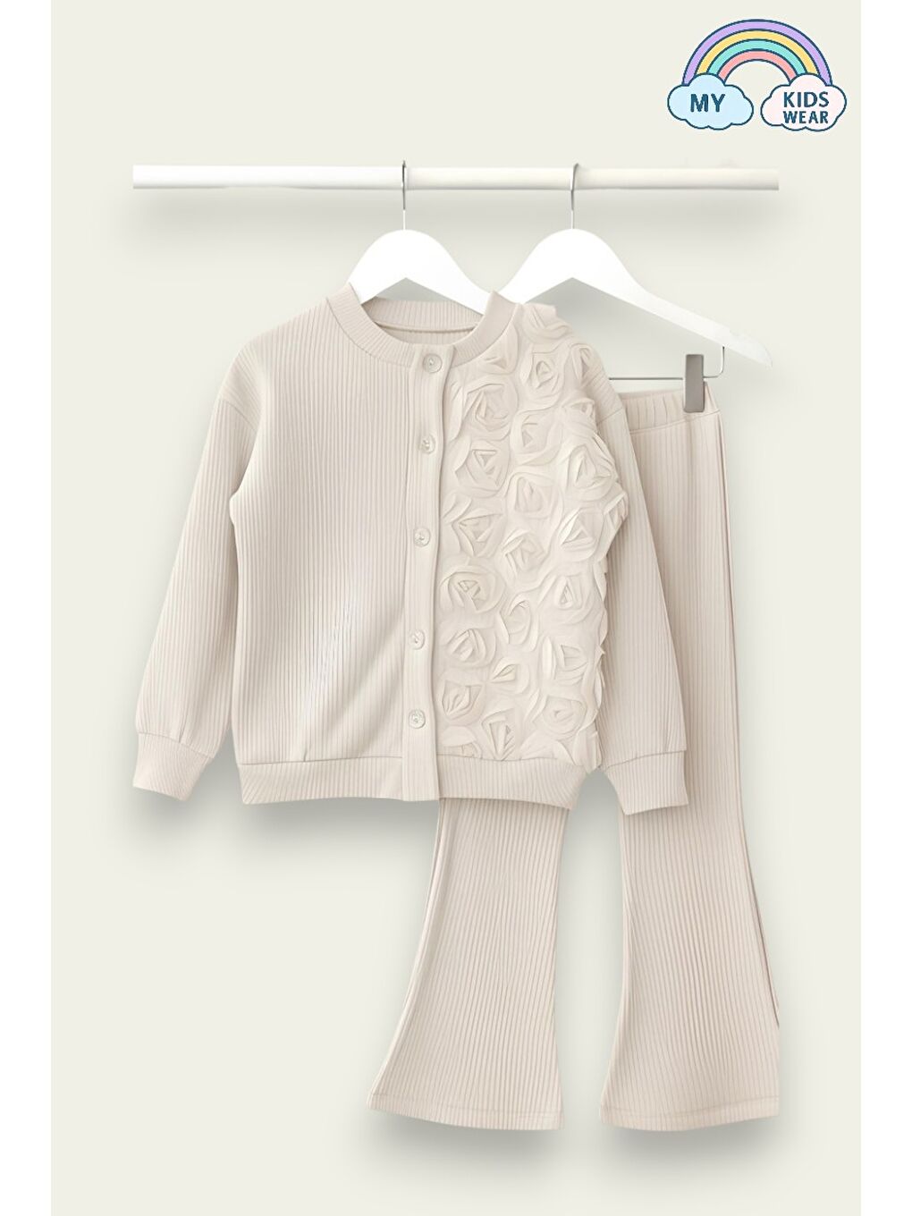 Bej Kız Çocuk Tül Gül Aplikeli Triko Hırka İkili Takım 3-10 Yaş 12302