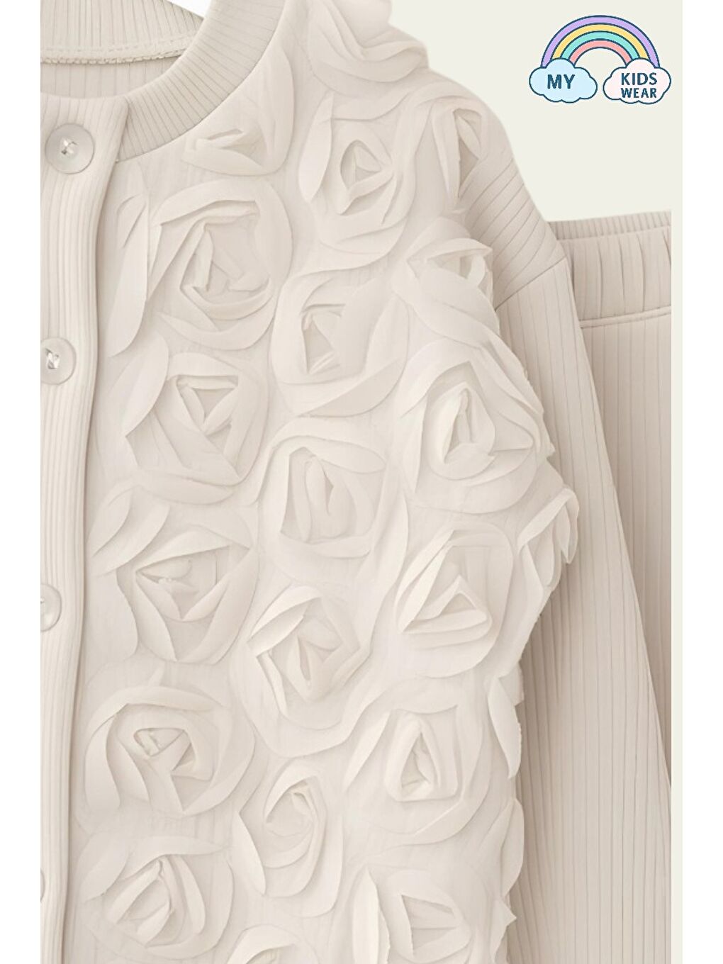 Bej Kız Çocuk Tül Gül Aplikeli Triko Hırka İkili Takım 3-10 Yaş 12302-1