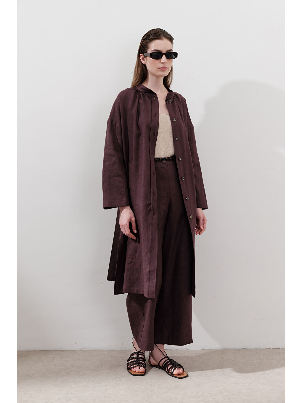 Keten Kemerli Uzun Tunik Mürdüm-4