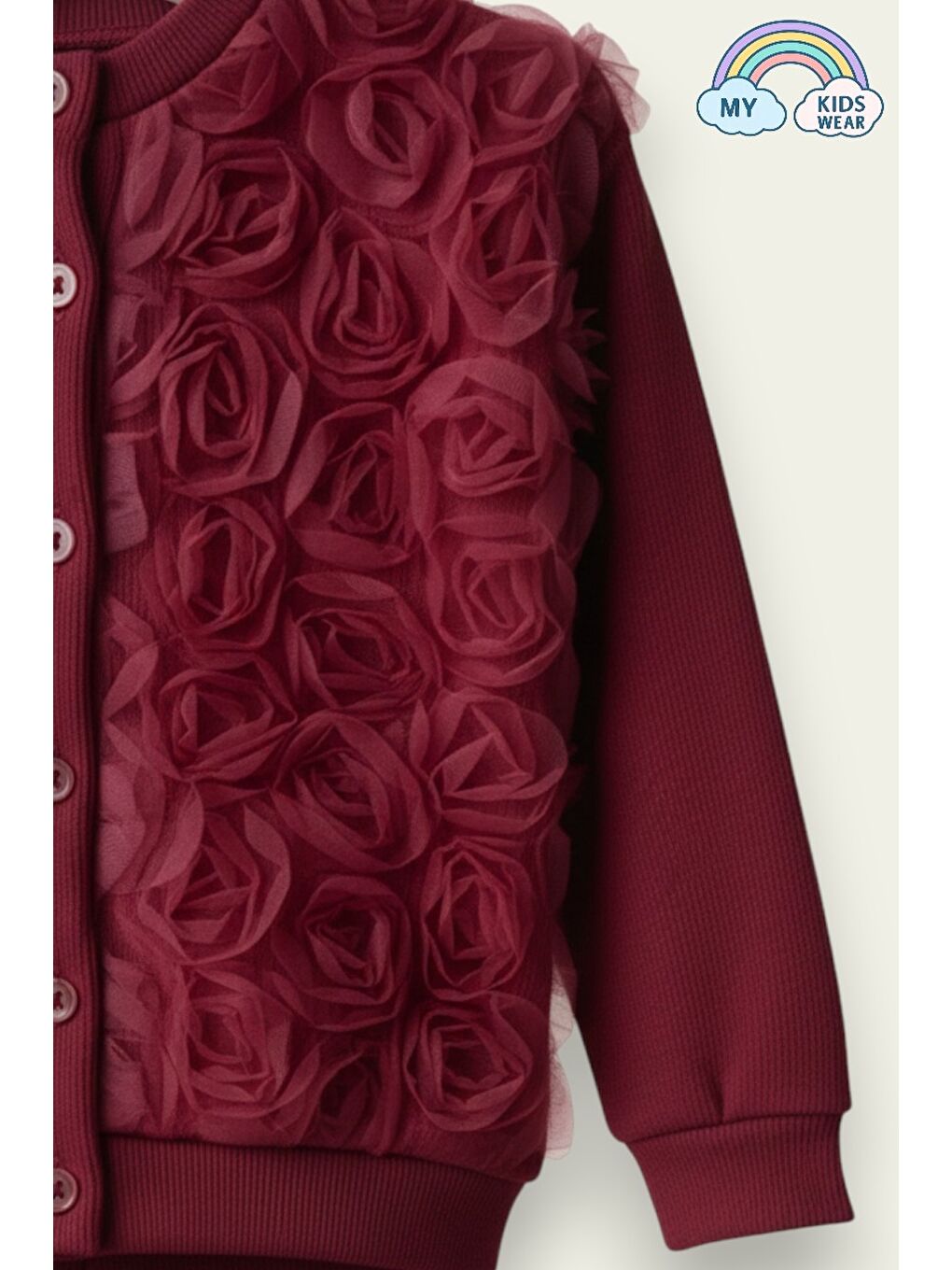 Bordo Kız Çocuk Tül Gül Aplikeli Triko Hırka İkili Takım 3-10 Yaş 12298-1