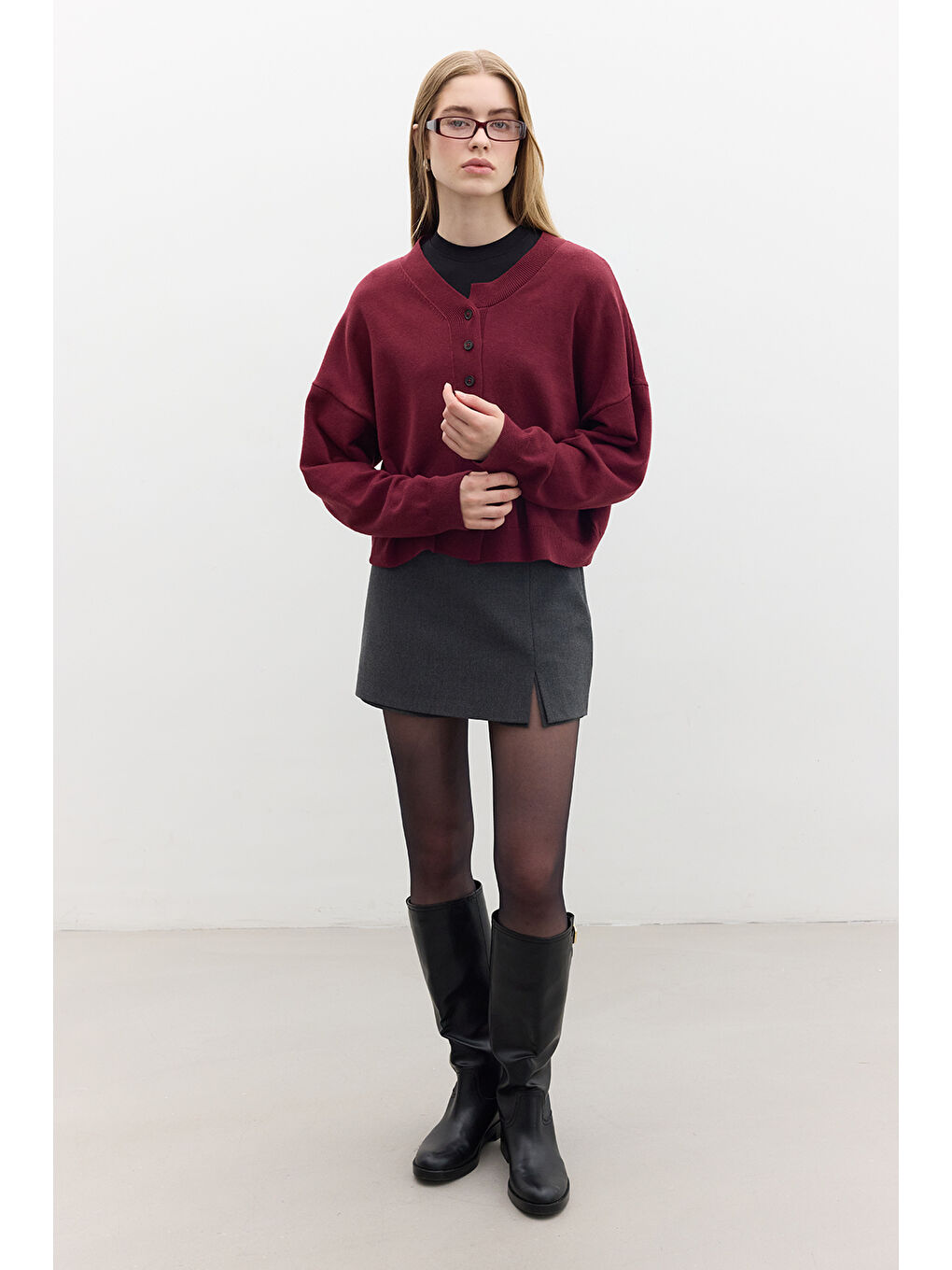 Yumuşak Dokulu Oversize Triko Hırka Bordo-5