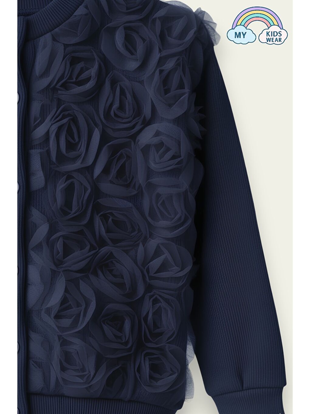 Lacivert Kız Çocuk Tül Gül Aplikeli Triko Hırka İkili Takım 3-10 Yaş 12300-1