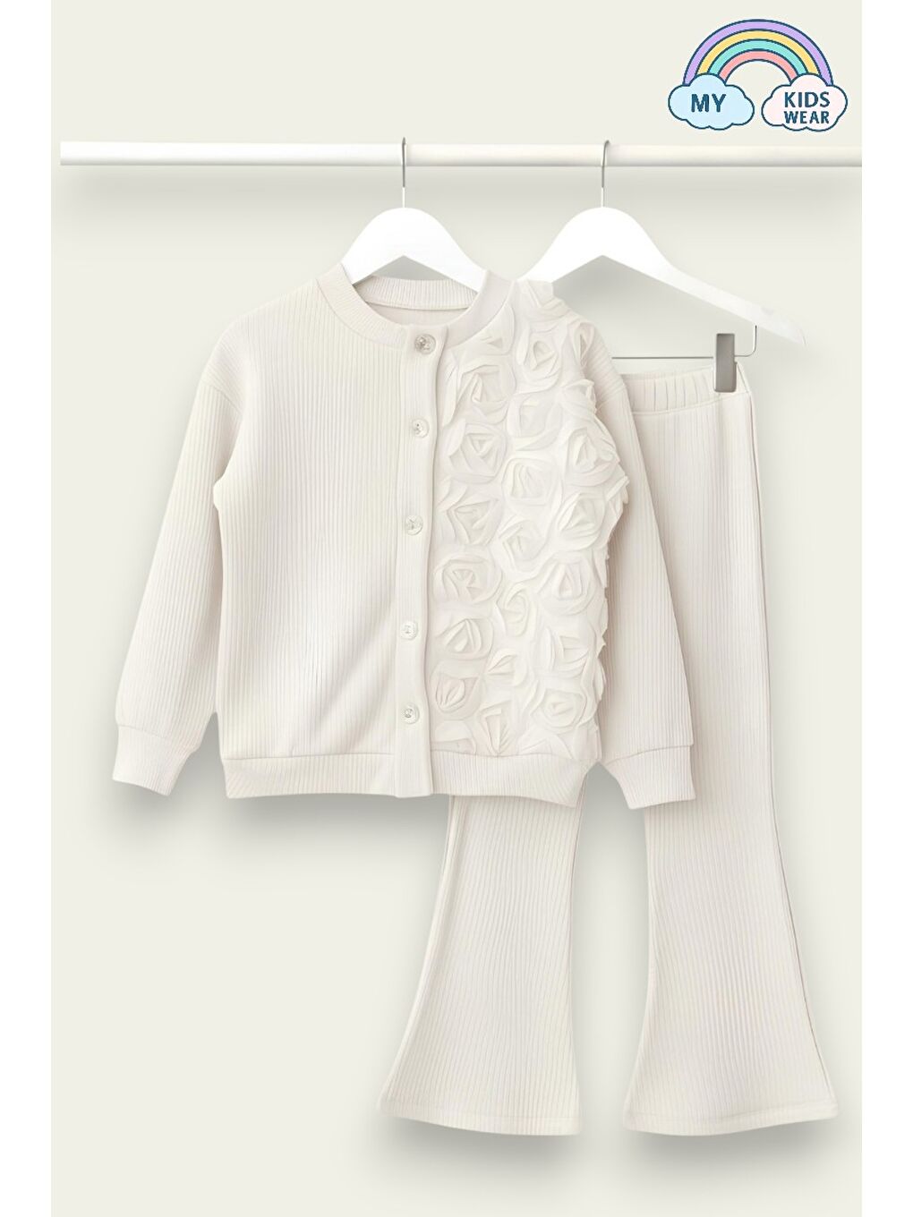 Ekru Kız Çocuk Tül Gül Aplikeli Triko Hırka İkili Takım 3-10 Yaş 12303