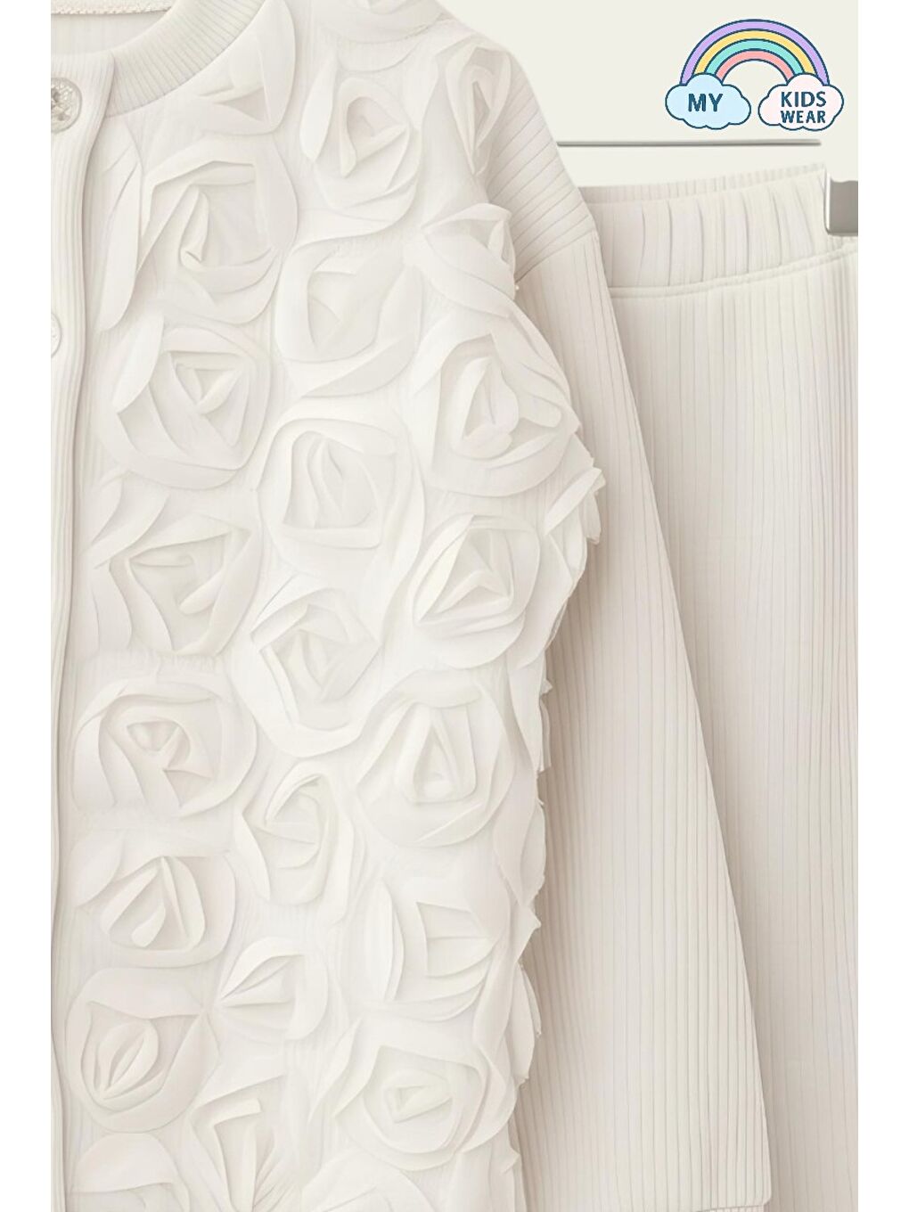 Ekru Kız Çocuk Tül Gül Aplikeli Triko Hırka İkili Takım 3-10 Yaş 12303-1