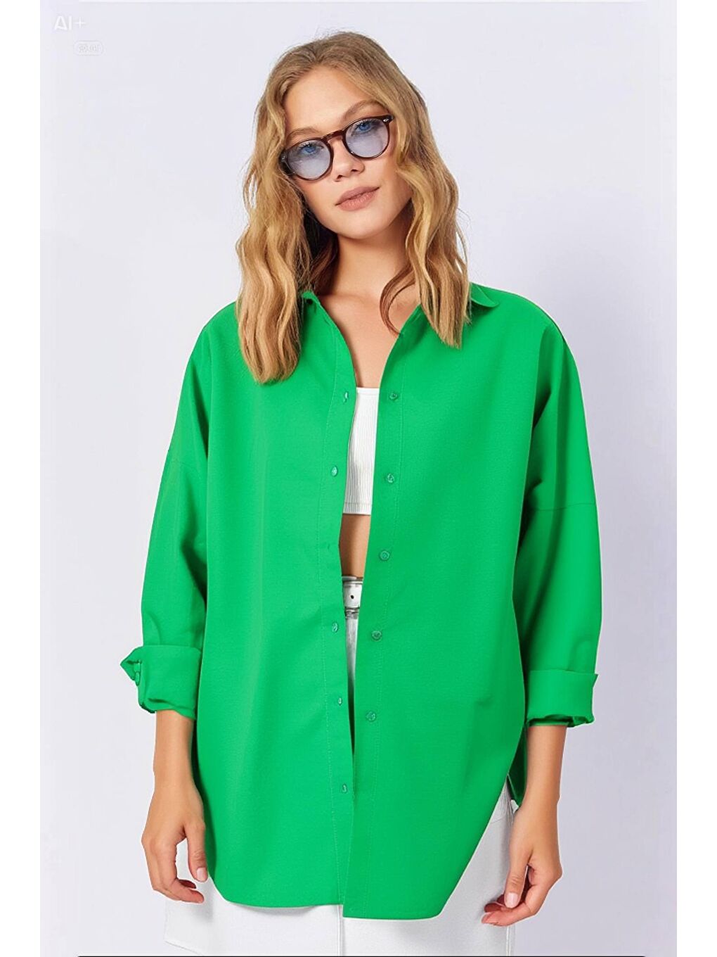 Kadın Zümrüt Yeşili Oversize Uzun Basic Gömlek HZL22W-BD139001