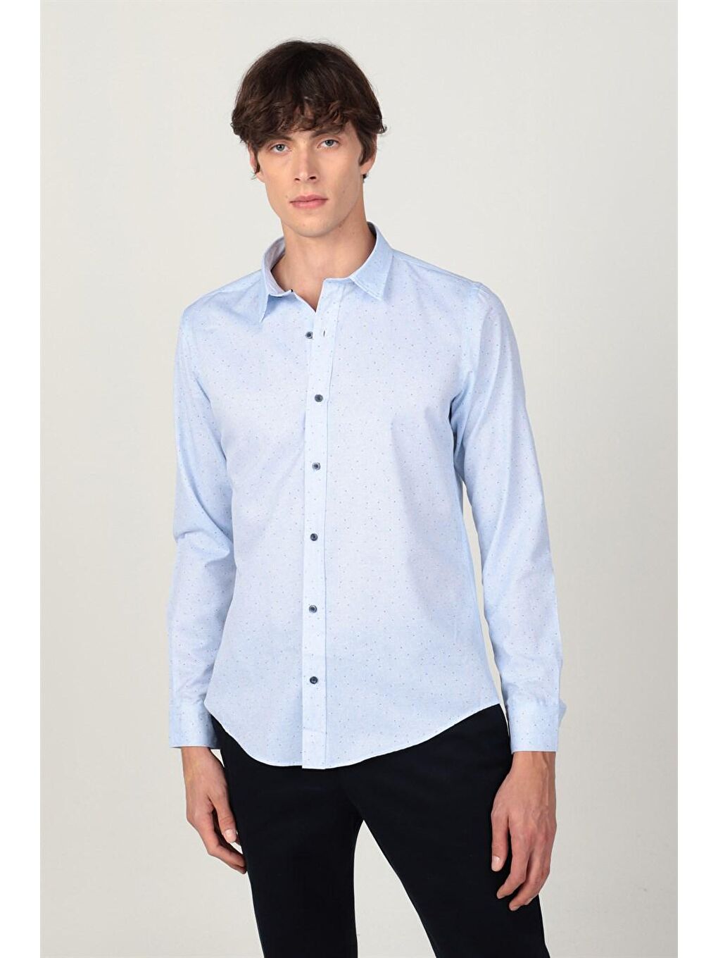 Mavi Slım Fit Uzun Kol Baskılı Desenli Erkek Gömlek