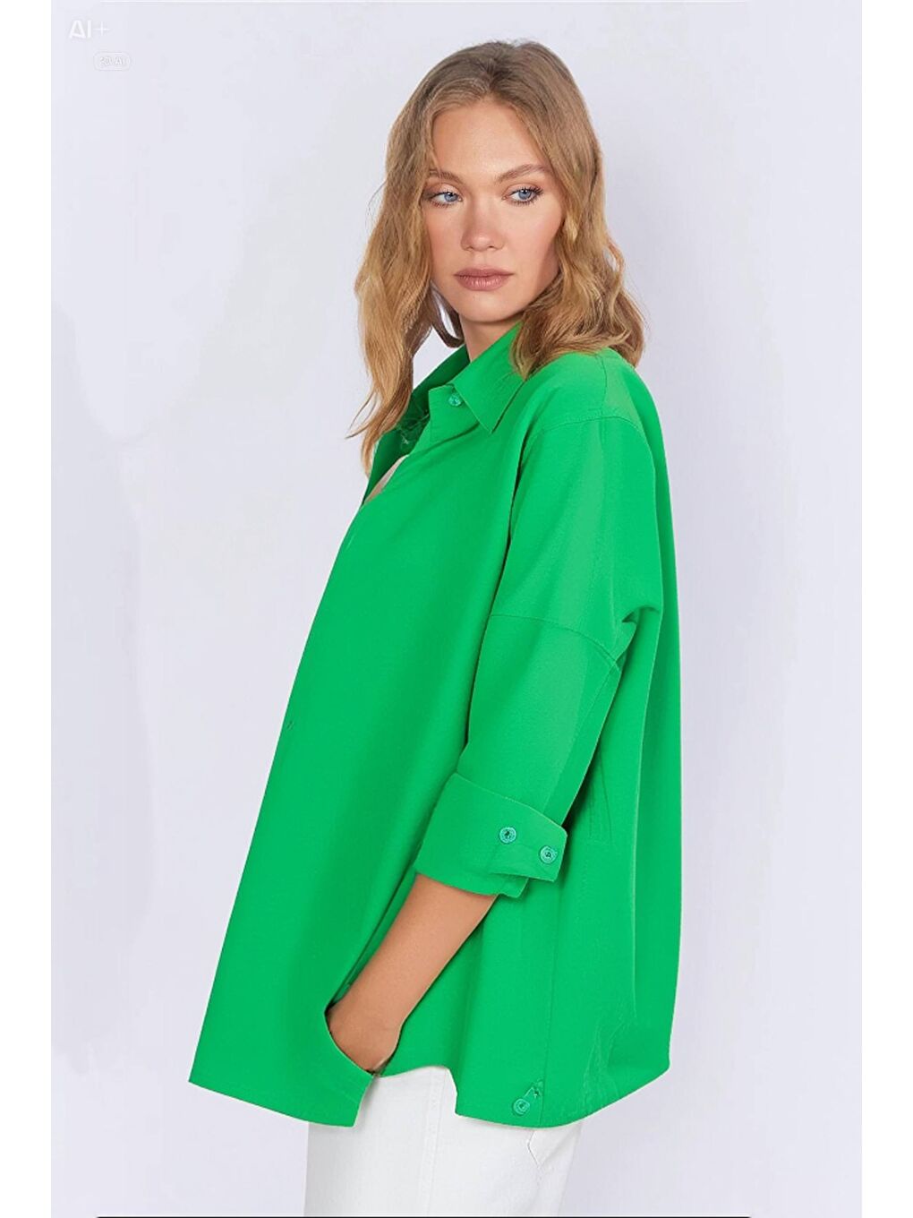 Kadın Zümrüt Yeşili Oversize Uzun Basic Gömlek HZL22W-BD139001-2