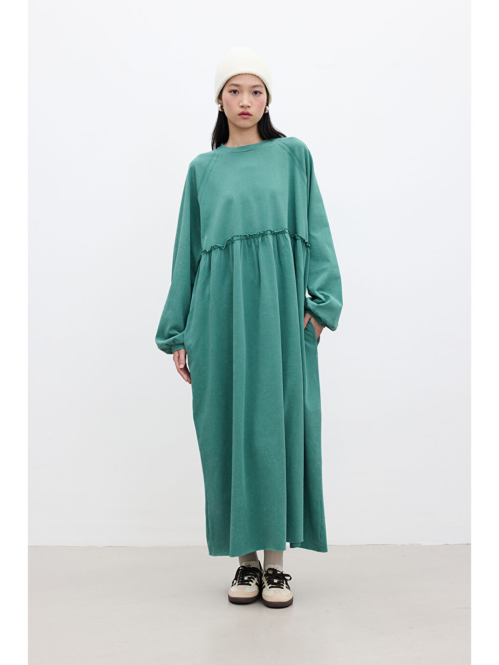 Oversize Büzgülü Elbise Yeşil-1