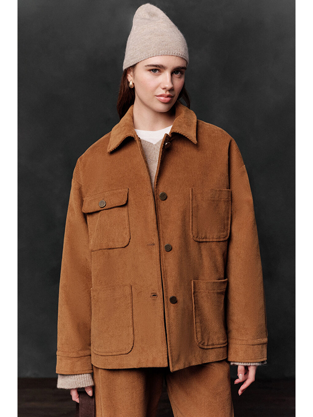 Kahverengi Fitilli Kadife Oversize Ceket Kiremit-1