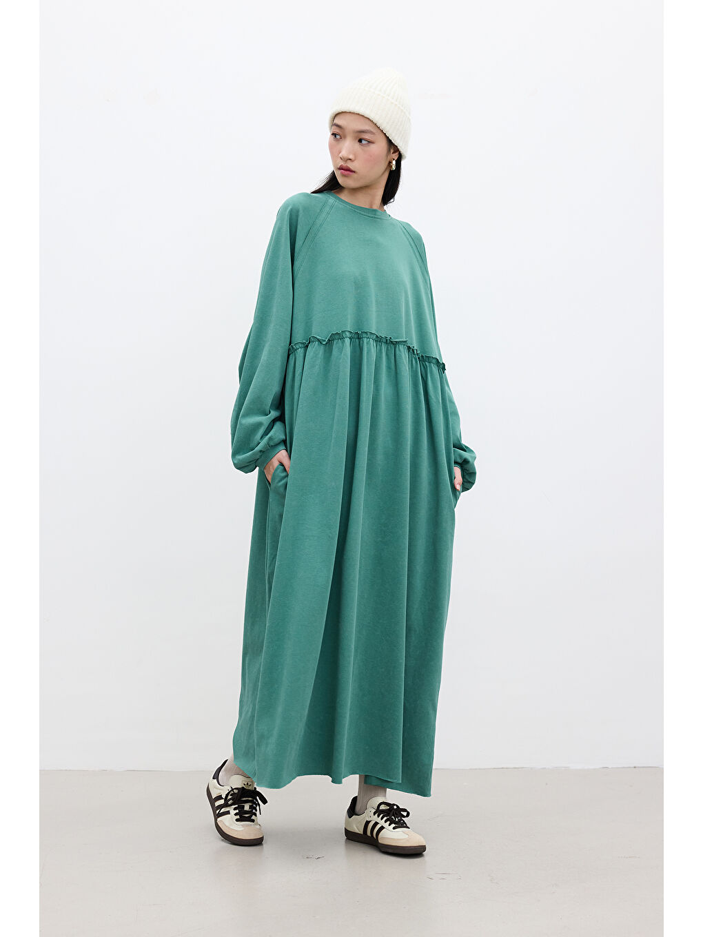 Oversize Büzgülü Elbise Yeşil-2