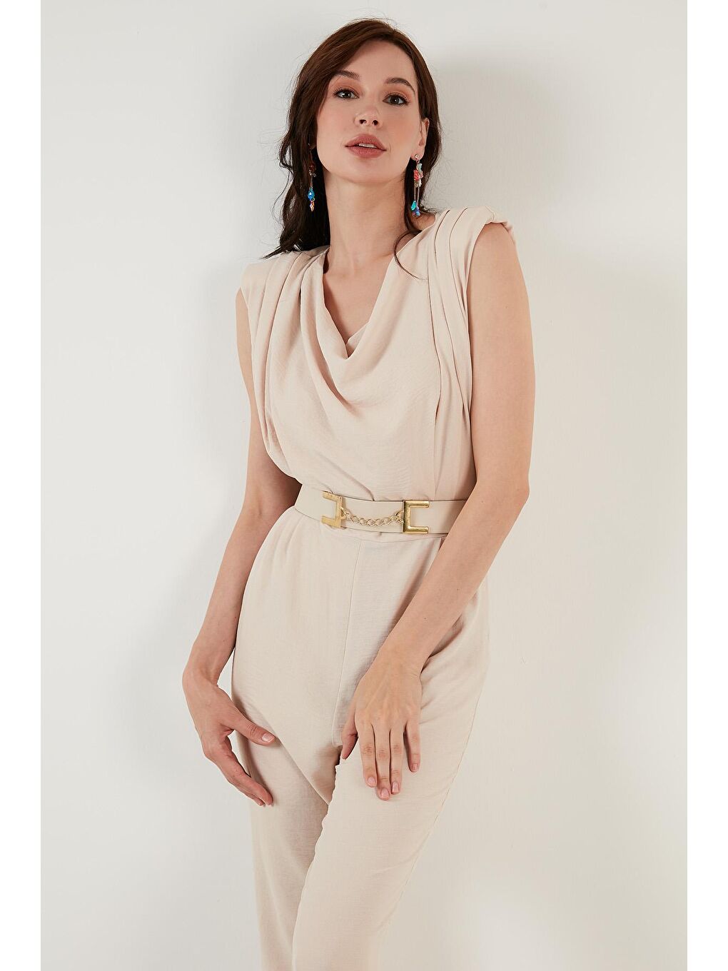 Gri Kemerli Degaje Yaka Kolsuz Tulum 6057081-4