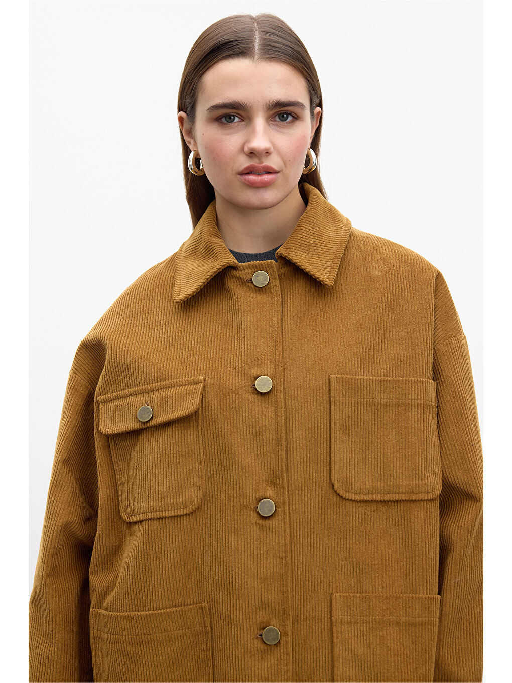 Kahverengi Fitilli Kadife Oversize Ceket Kiremit-2