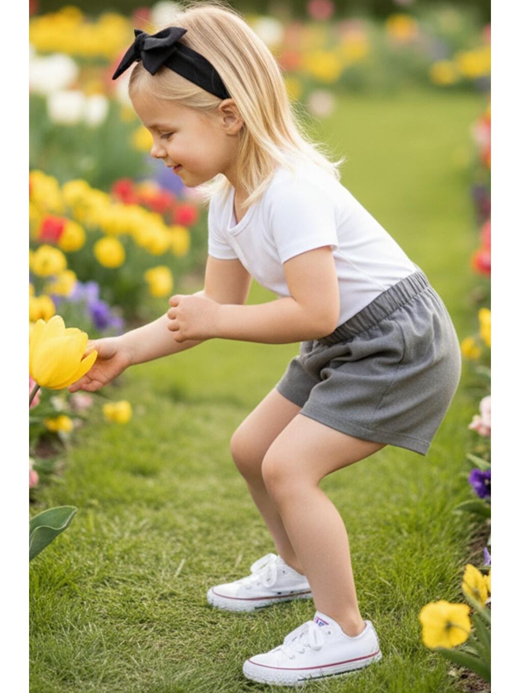 Kız Çocuk Gri Jean Şort Siyah Dev Fiyonk Bandana-2