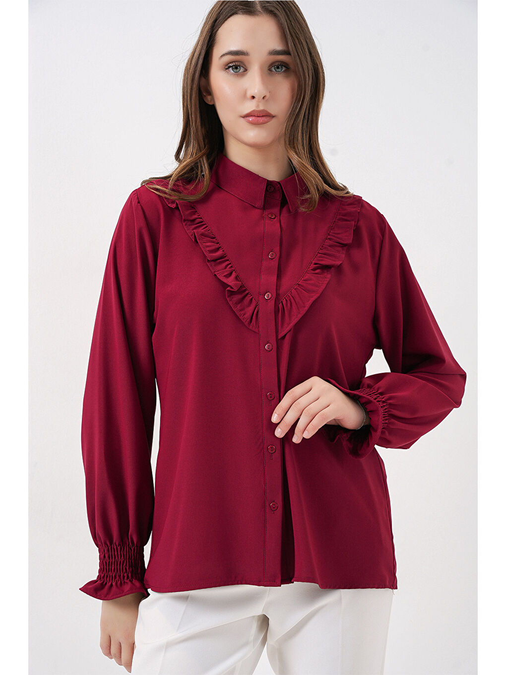 20223 Fırfırlı Uzun Kol Gömlek - Bordo