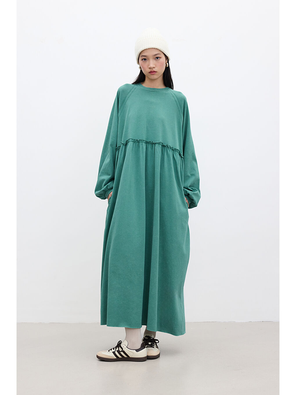 Oversize Büzgülü Elbise Yeşil-4