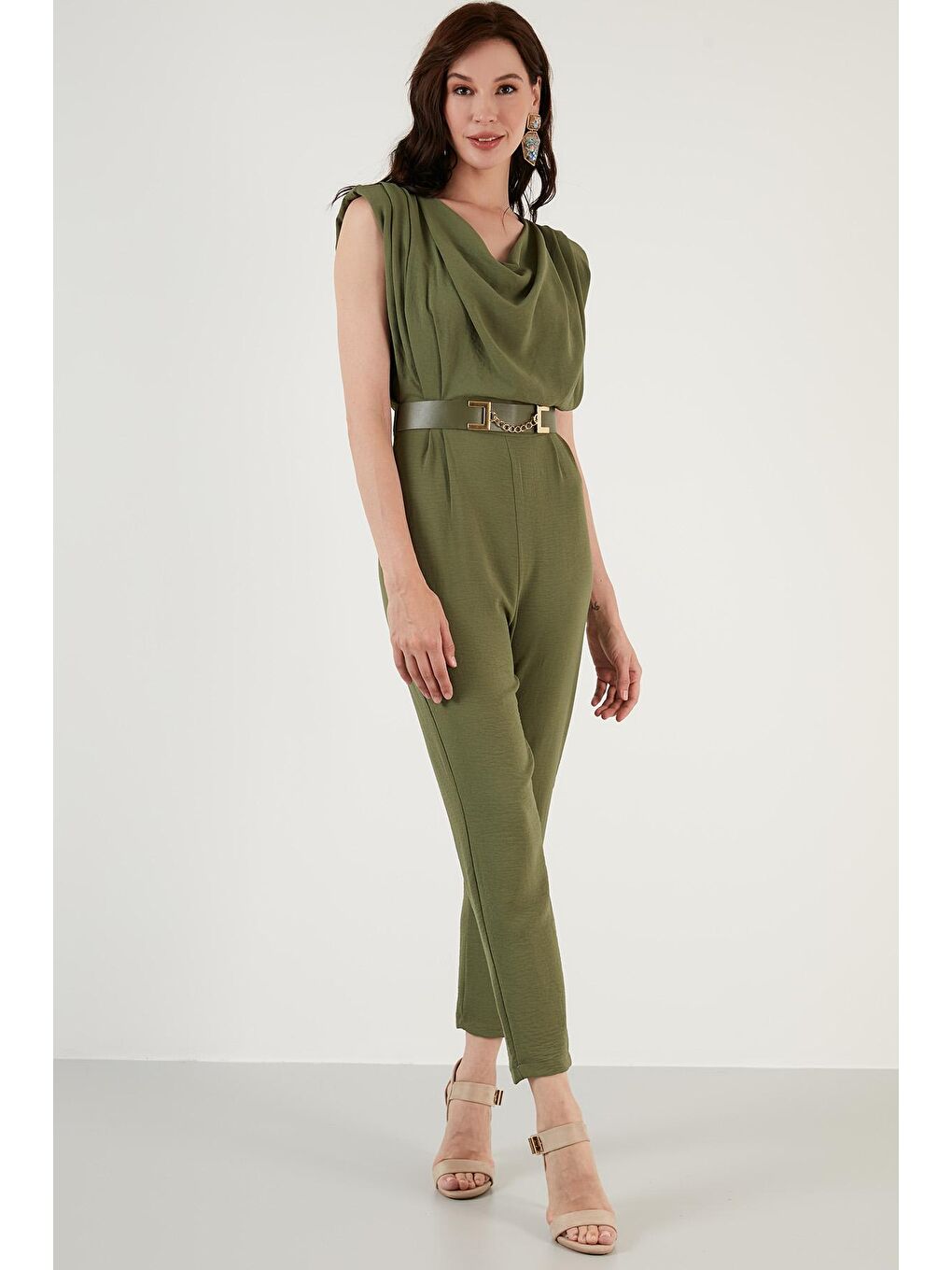 Haki Kemerli Degaje Yaka Kolsuz Tulum 6057081-3