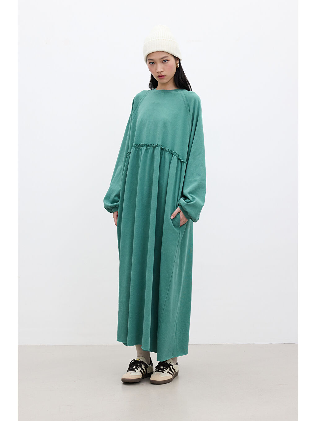 Oversize Büzgülü Elbise Yeşil-5