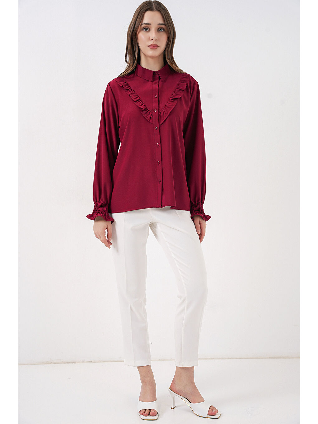 20223 Fırfırlı Uzun Kol Gömlek - Bordo-1