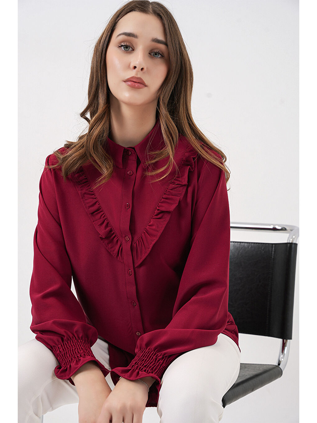 20223 Fırfırlı Uzun Kol Gömlek - Bordo-2