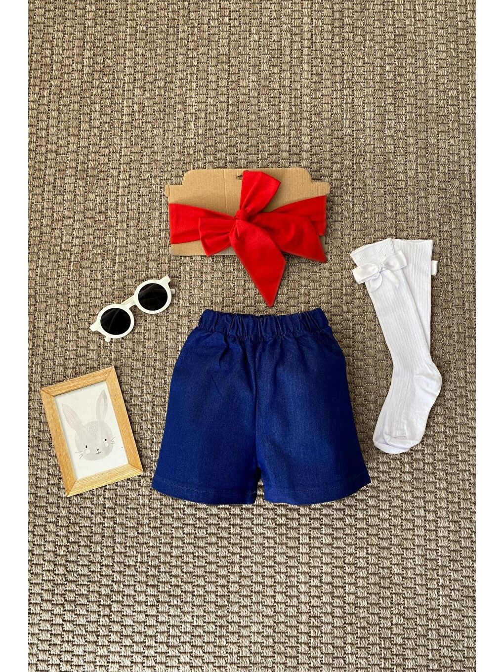 Mavi Kız Çocuk Saks Jean Şort Kırmızı Dev Fiyonk Bandana-2