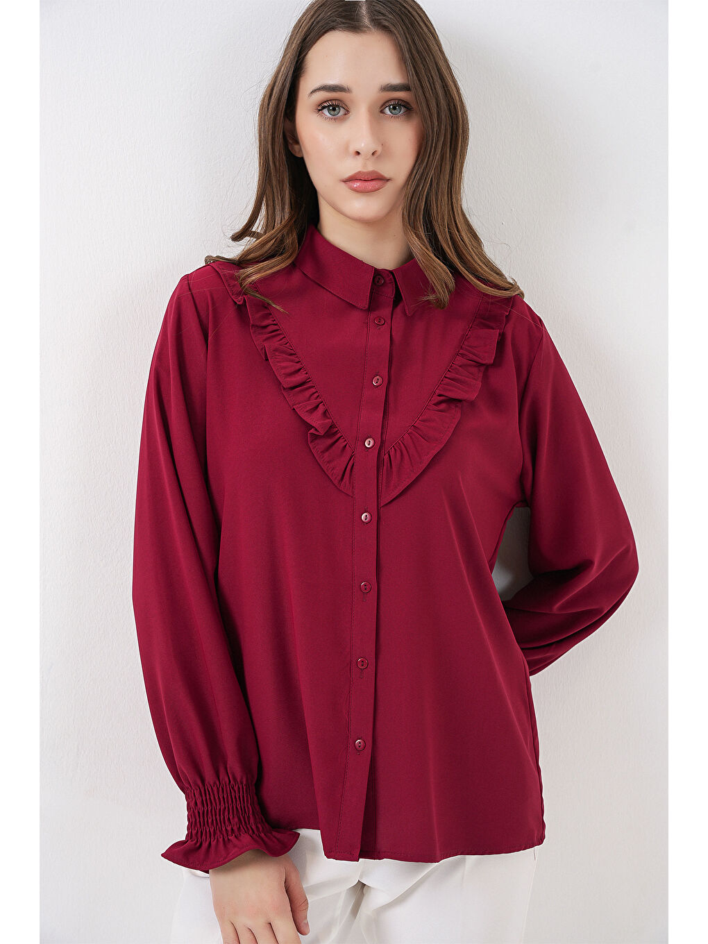 20223 Fırfırlı Uzun Kol Gömlek - Bordo-3