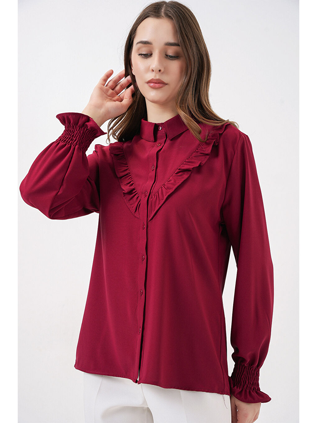 20223 Fırfırlı Uzun Kol Gömlek - Bordo-4