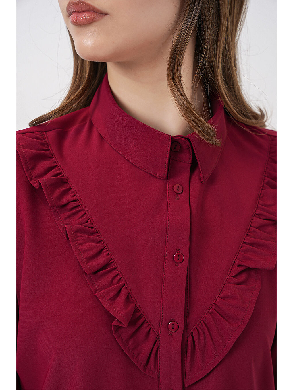 20223 Fırfırlı Uzun Kol Gömlek - Bordo-5