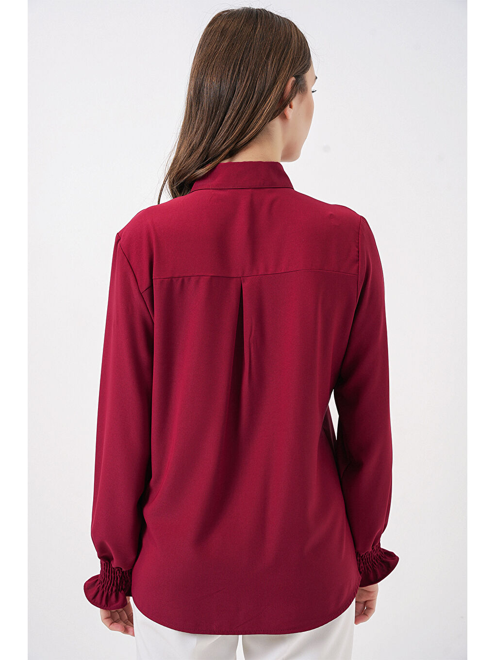 20223 Fırfırlı Uzun Kol Gömlek - Bordo-6