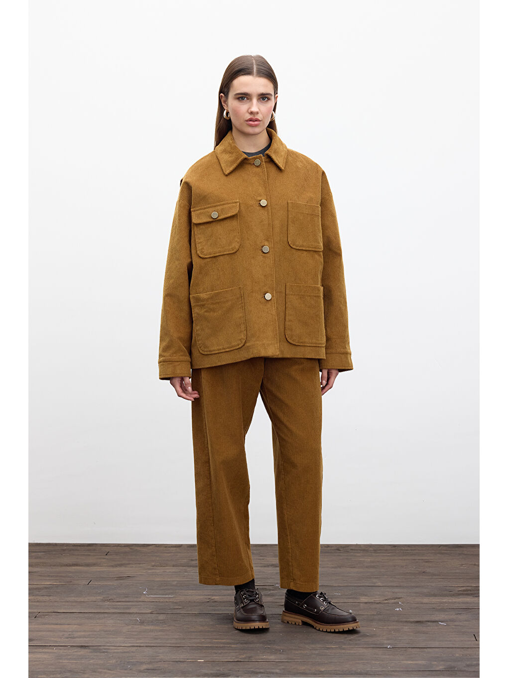 Kahverengi Fitilli Kadife Oversize Ceket Kiremit-4